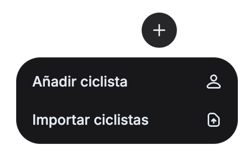 El menú de creación, con las opciones de añadir un ciclista o importar ciclistas