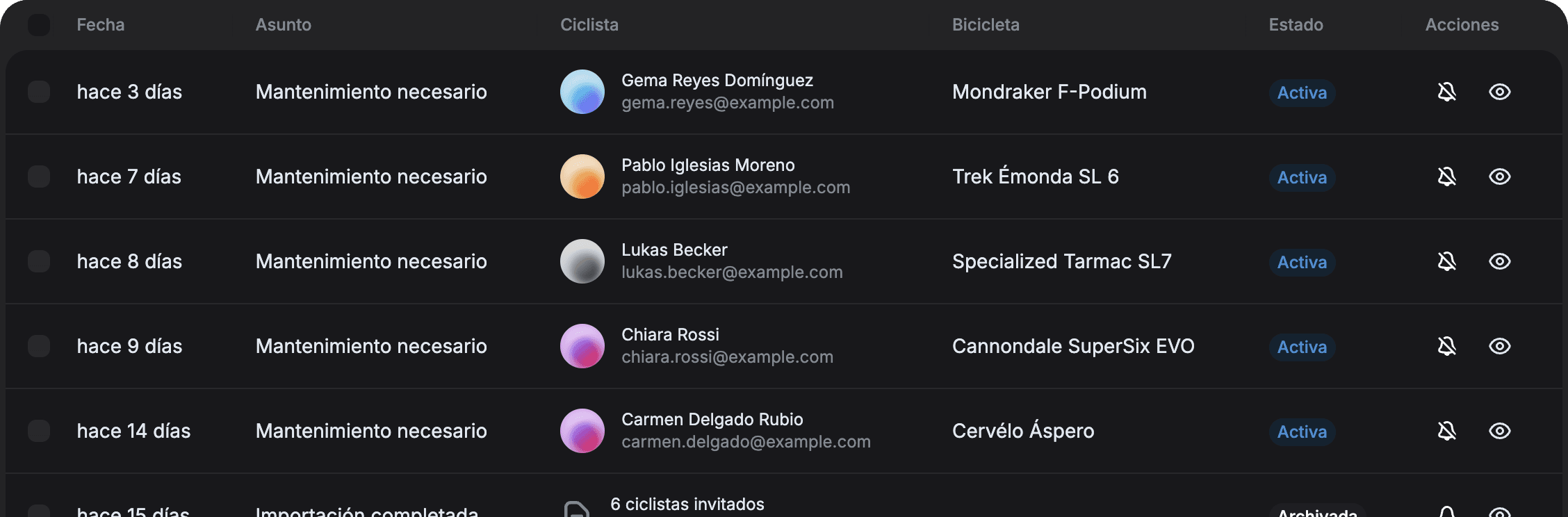 La tabla de notificaciones del taller, con avisos de mantenimiento necesario